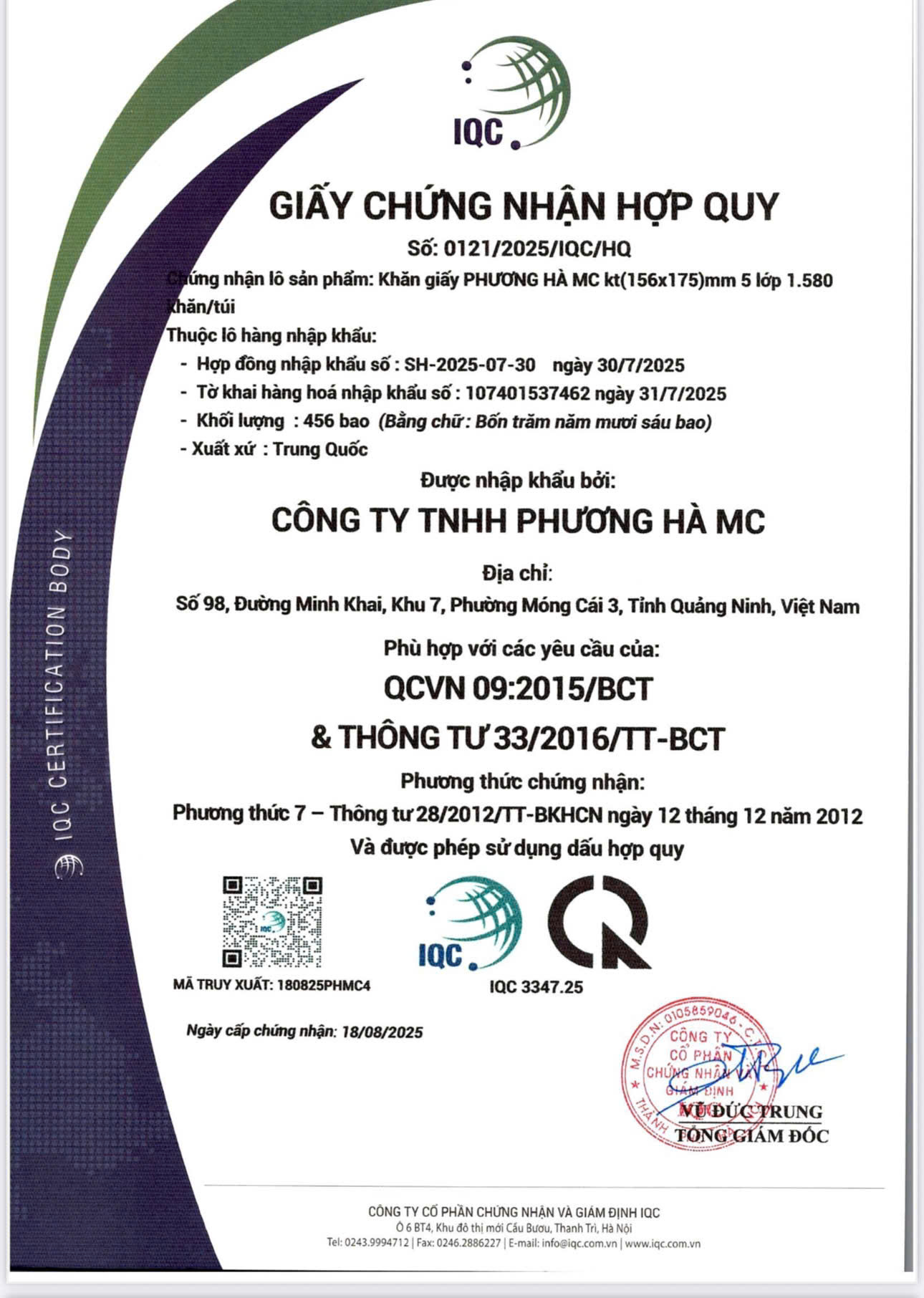 Giấy chứng nhận hợp quy Phương Hà MC